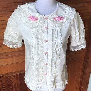 Kawaii Lolita Victorian Pink Candy Heart White Cotton Lace Ruffle Shirt Top S